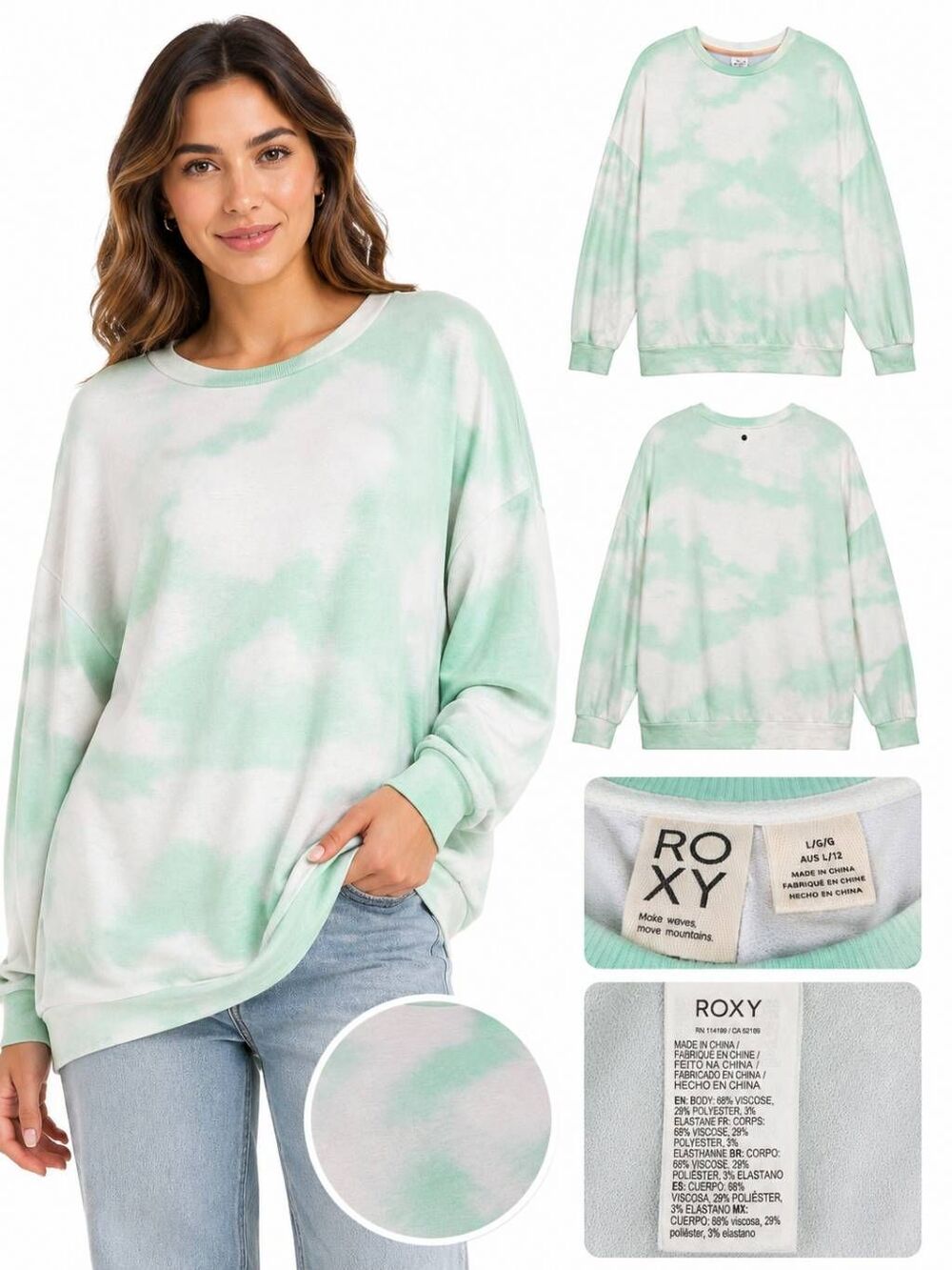Roxy L Mint Green Tie Dye Oversized Crewneck Sweatshirt